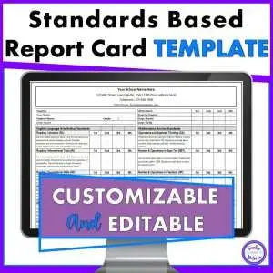 Standards based report card template with an image of a computer with a report card spreadsheet on the screen.